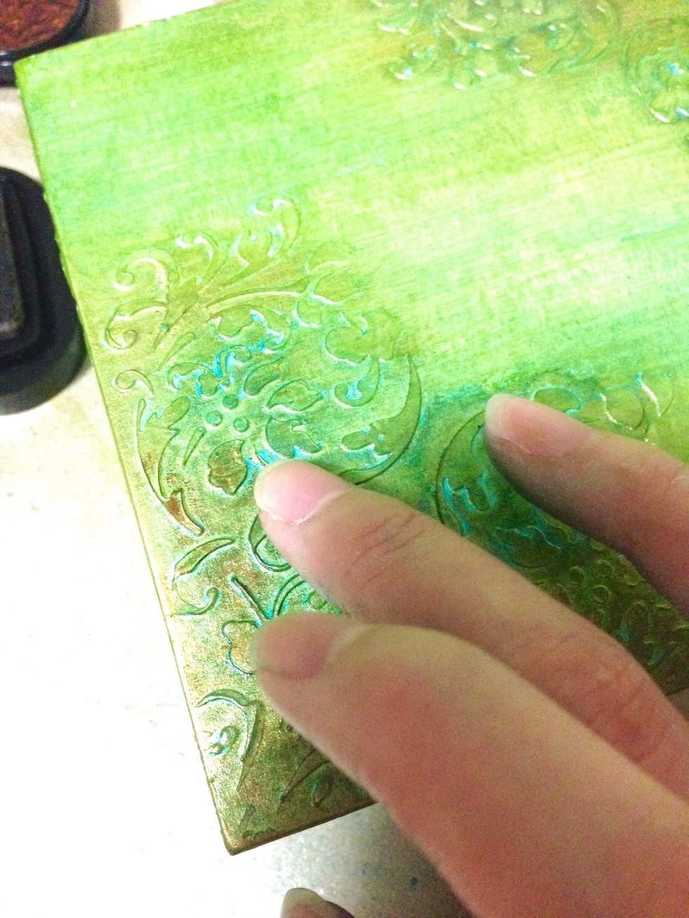 Intensify the flourishes with StazOn (spiced chai) using your finger by dabbing onto the surfaces... Rub and blend well with a small dab of StazOn cleaner to spread the ink...