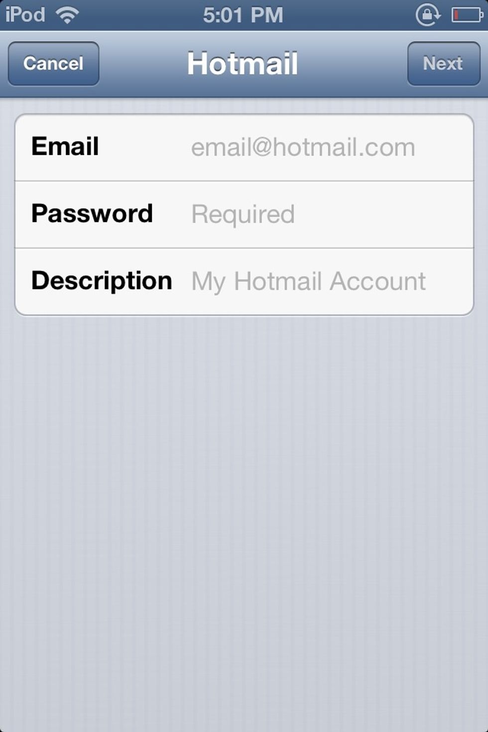 Inter your email and password,in  the description write the name you want to name this mailbox E.G : work,family...etc