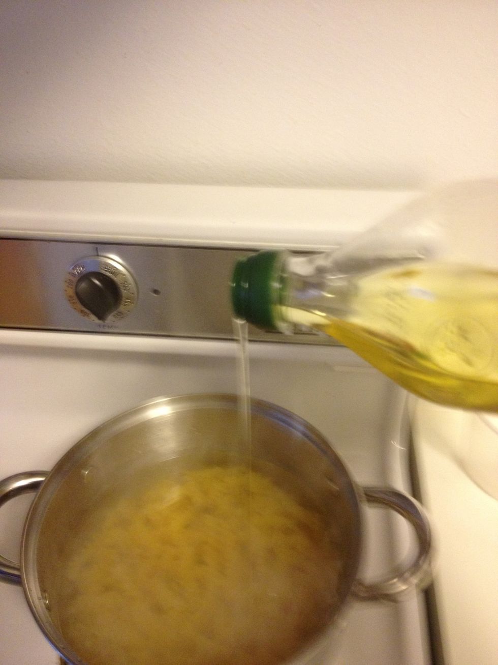 Into the boiling pasta water add 1/4 tsp of olive oil. This helps the olive from sticking together since we will be letting it sit out and chill