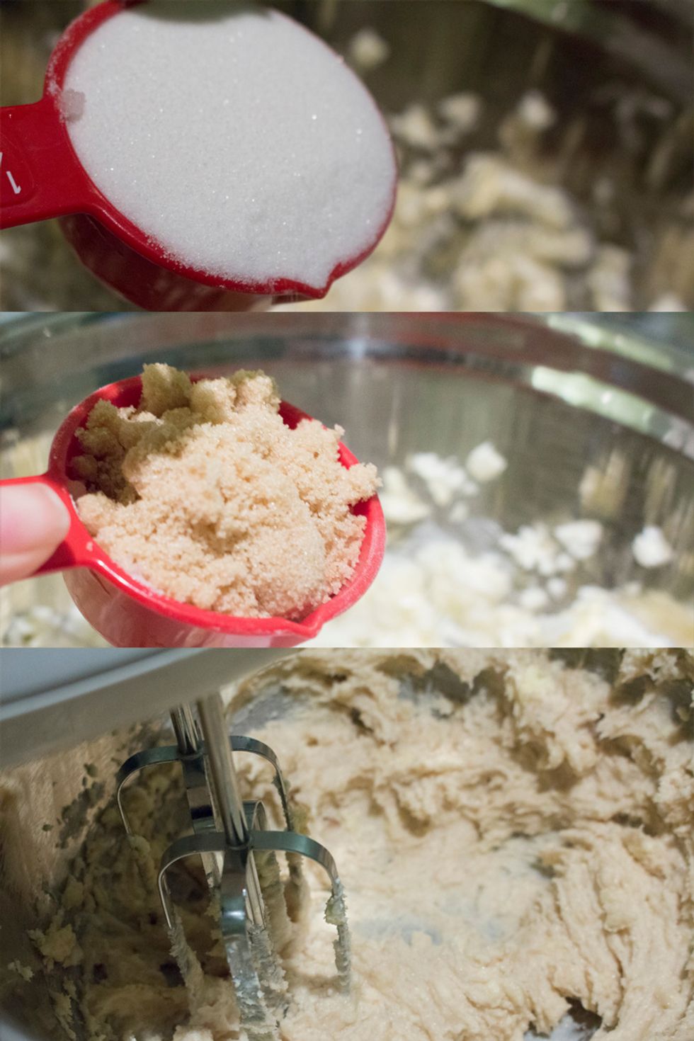 Into the butter mixture, add white sugar, brown sugar and combine together.