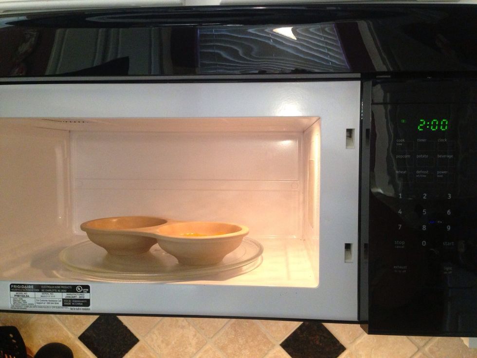 Into the Microwave for 2 minutes. (*I do cover mine with a pice of paper towel to prevent any splattering/mess in my oven during cooking)