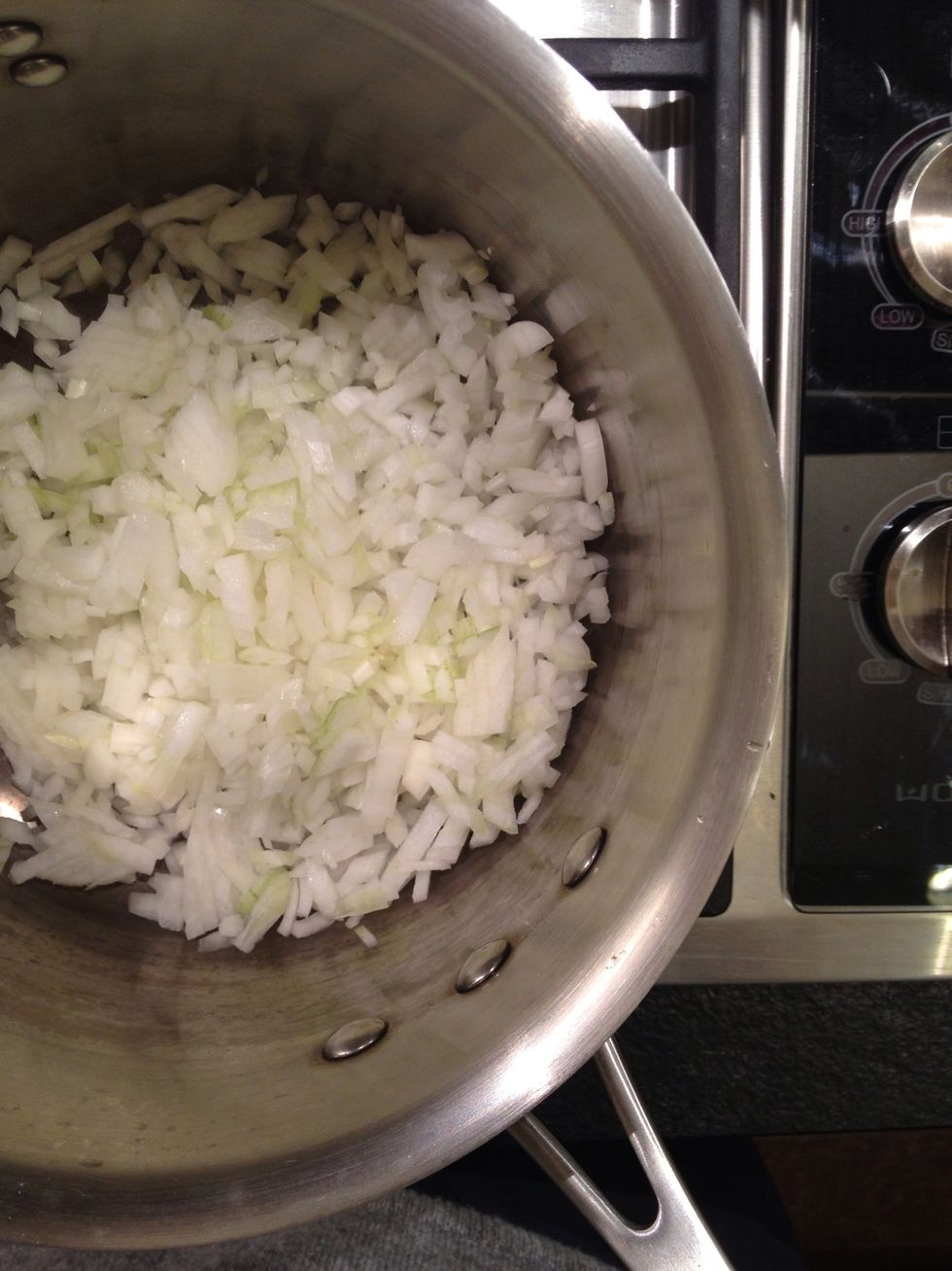 Into the pot. If you have meat available add it before the onions and brown them.