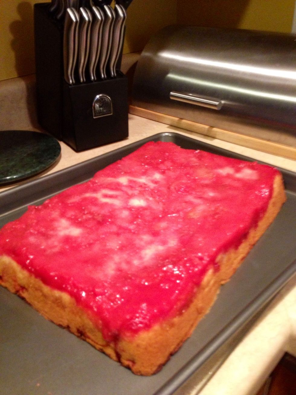 Inverted! I didn't have a pretty platter so I used a cookie sheet. A note here: you should probably let it cool overnight in the fridge so the strawberry stuff has a chance to gel. I didn't. Oops!