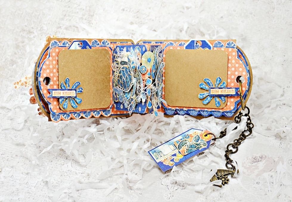 It features 2 photo mats, mini tags that pull out from behind to allow for journaling. The pop out centre features lots of fussy cutting again.