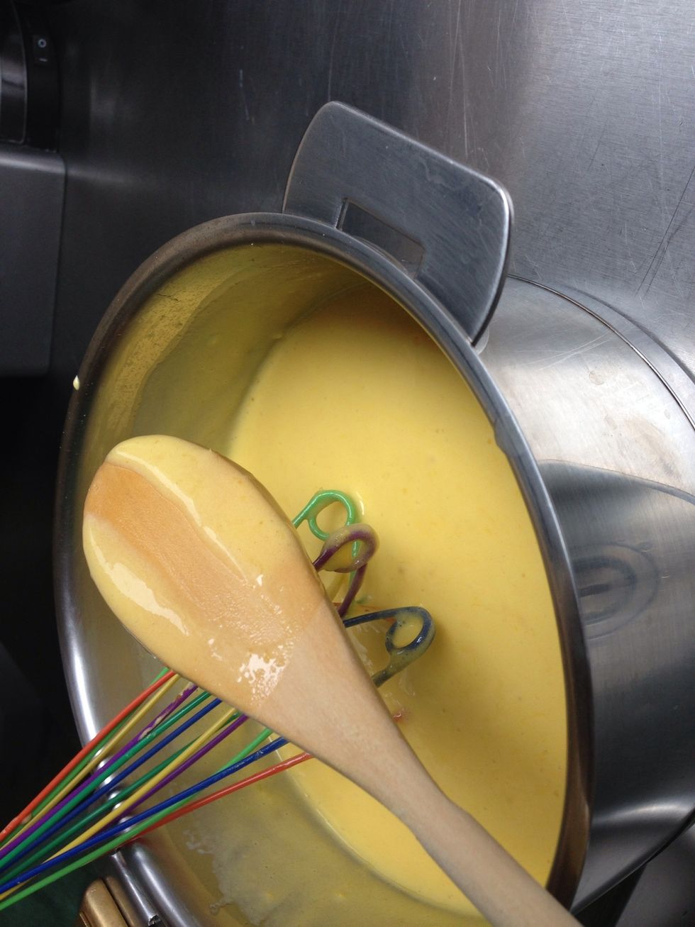 It is cooked when the custard, on a back of a spoon, leave a line when wiped with the finger. You take it out off the fire and keep turning untill you can touch the casserole with your hands 5 mins...