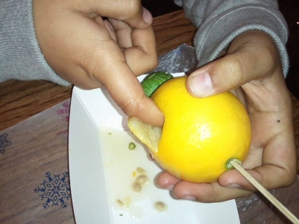 It is helpful if students can fold back some skin to access the interior.  Using a fingernail to separate the meat of the fruit from the rind makes removal easier.