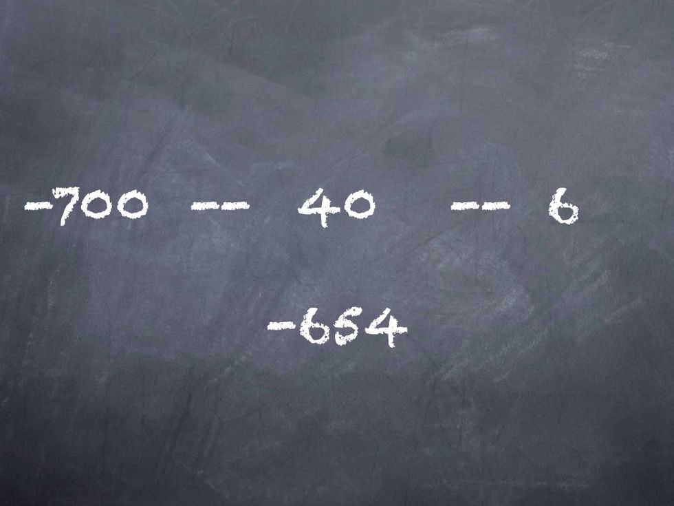 It is just like SUBTRACTING a NEGATIVE. -700 - -40 - -6.  That is like 700-40-6 which is like 660 - 6 BUT IT'S NEGATIVE. -654