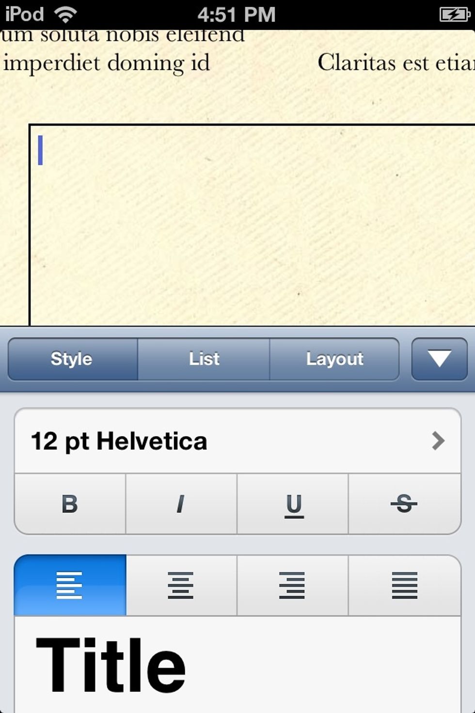 It isn't selected in the example, but make sure under the STYLE tab you choose the TITLE format first. Choose a font also. Type CHAPTER 1