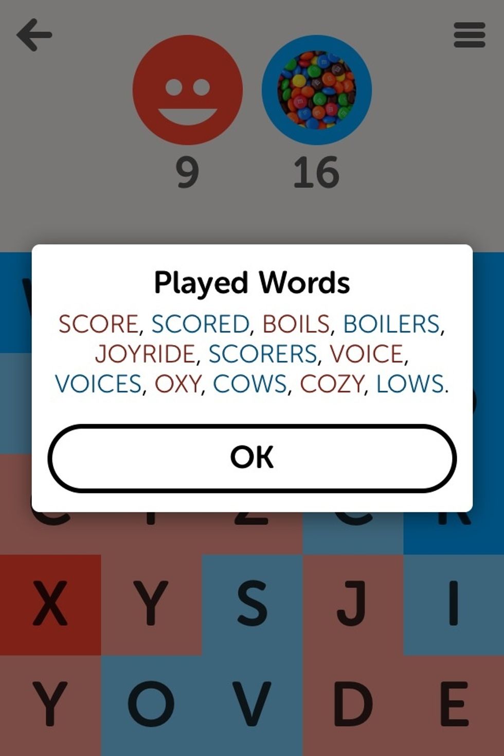 It'll show a list of played words (mine in blue, opponent's in red).