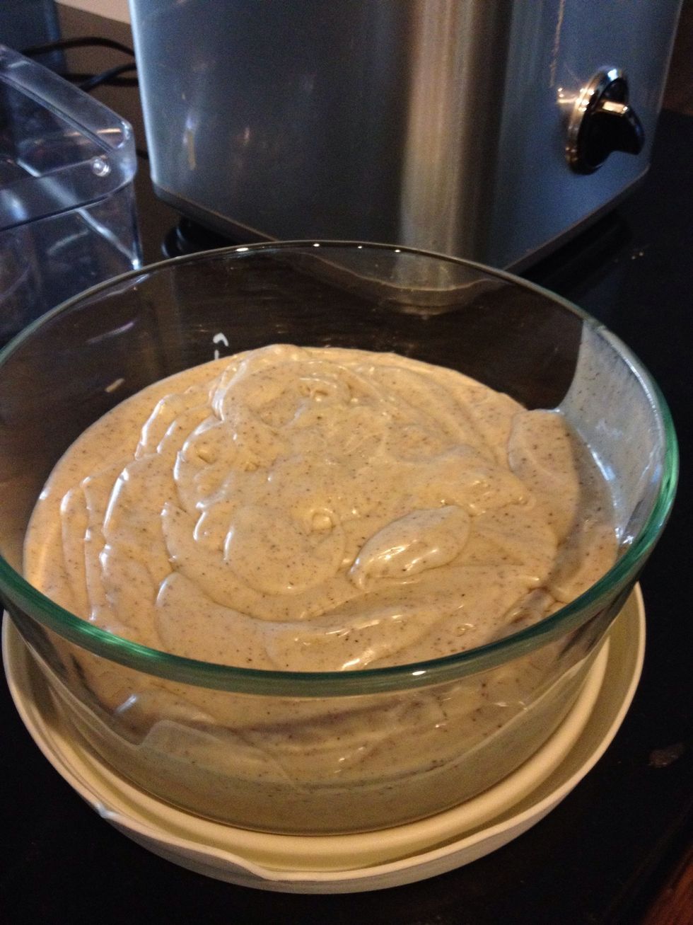 It's a bit shiny, moderately thick, and cold, but not full ice cream consistency yet.