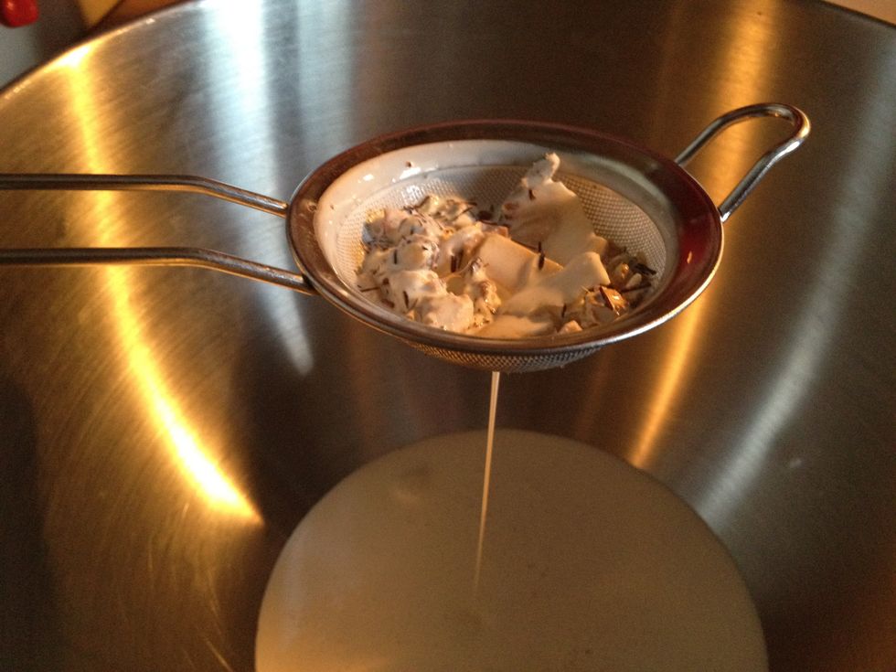 It's a good idea to chill your bowl and your wisk prior to whipping the cream. Strain tea from the cream & add your sugar at this point. If using matcha instead of tea leaves, add it now.