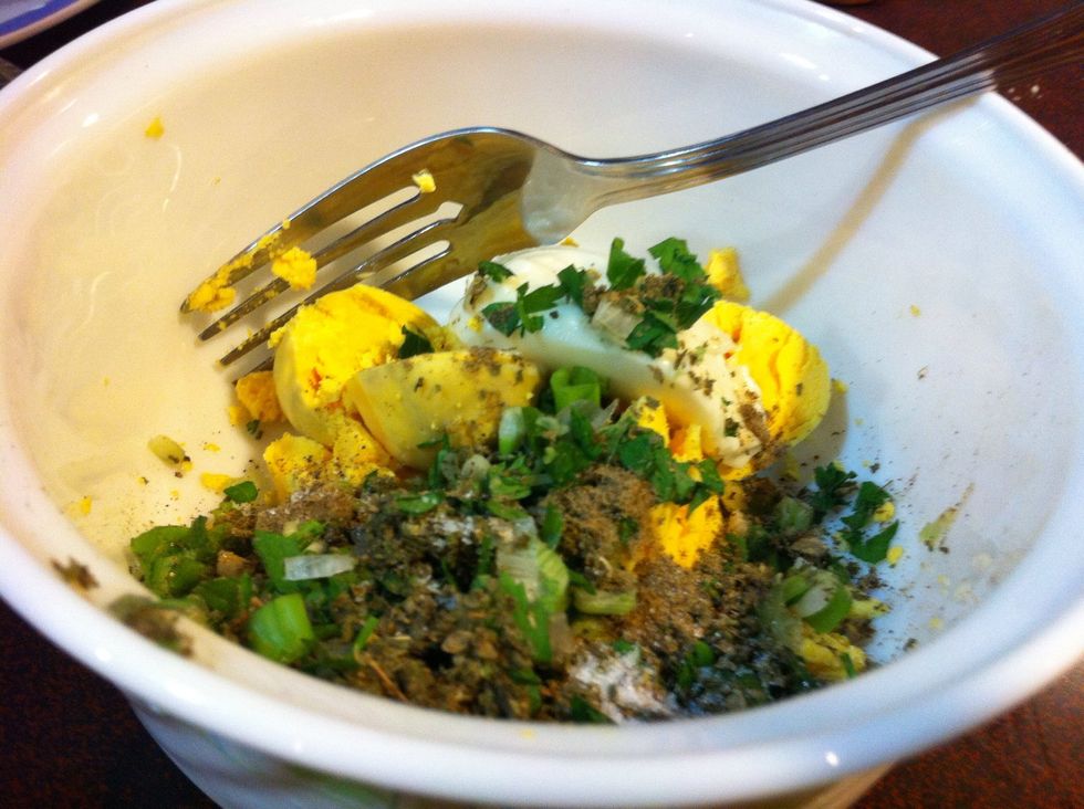 It's best to chop all of the herbs and green onion separately and add proportionally to your liking to 1/4 cup. Add that. Along with the mustard, mayo, salt, and pepper. Mix well!!