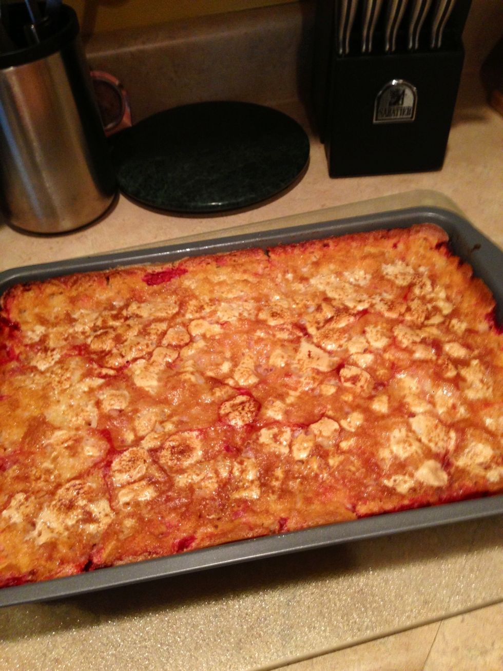 It's done when a toothpick inserted in the center comes out clean \ud83c\udf70 Let it cool and then invert the cake onto a platter.