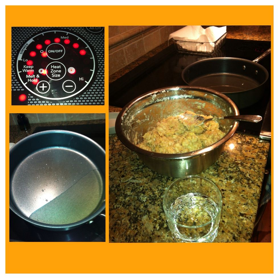 It's frying time... Place a frying pan on the stove and set the heat to medium, medium-high.  Pour enough oil in a frying pan for the cutlets to swim in and wait for the oil to warm up.