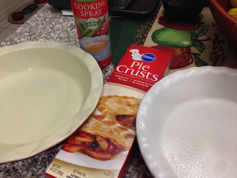 It's important to note that this recipe makes 2 fairly large quiche. First gather 2 pie dishes and spray them with a little nonstick spray.