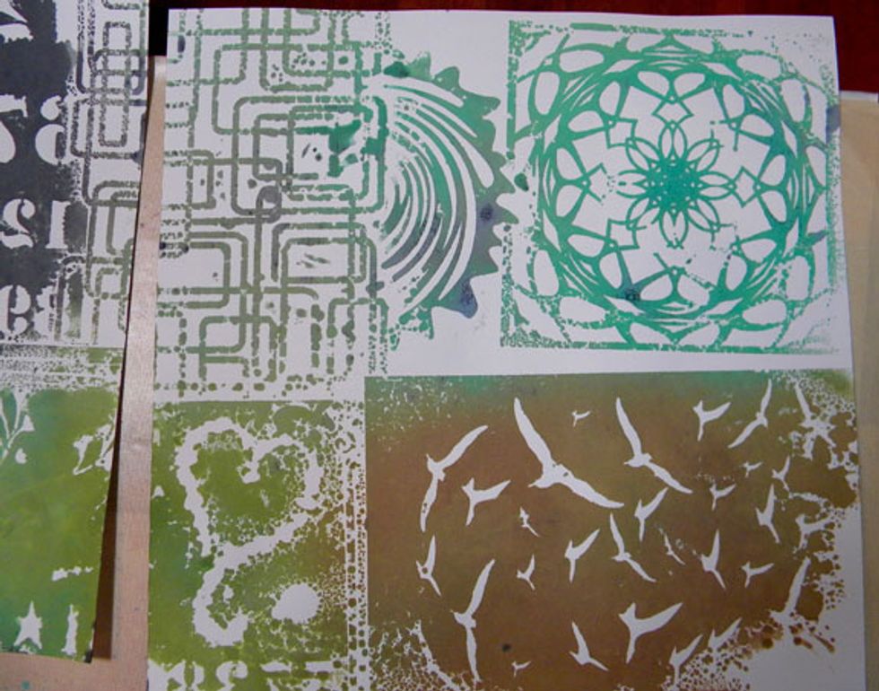 It's like Christmas when you lift off the paper to reveal the patterns! The three stencils on top are actually masks, since the image isn't open. I love the play of positives and negatives!