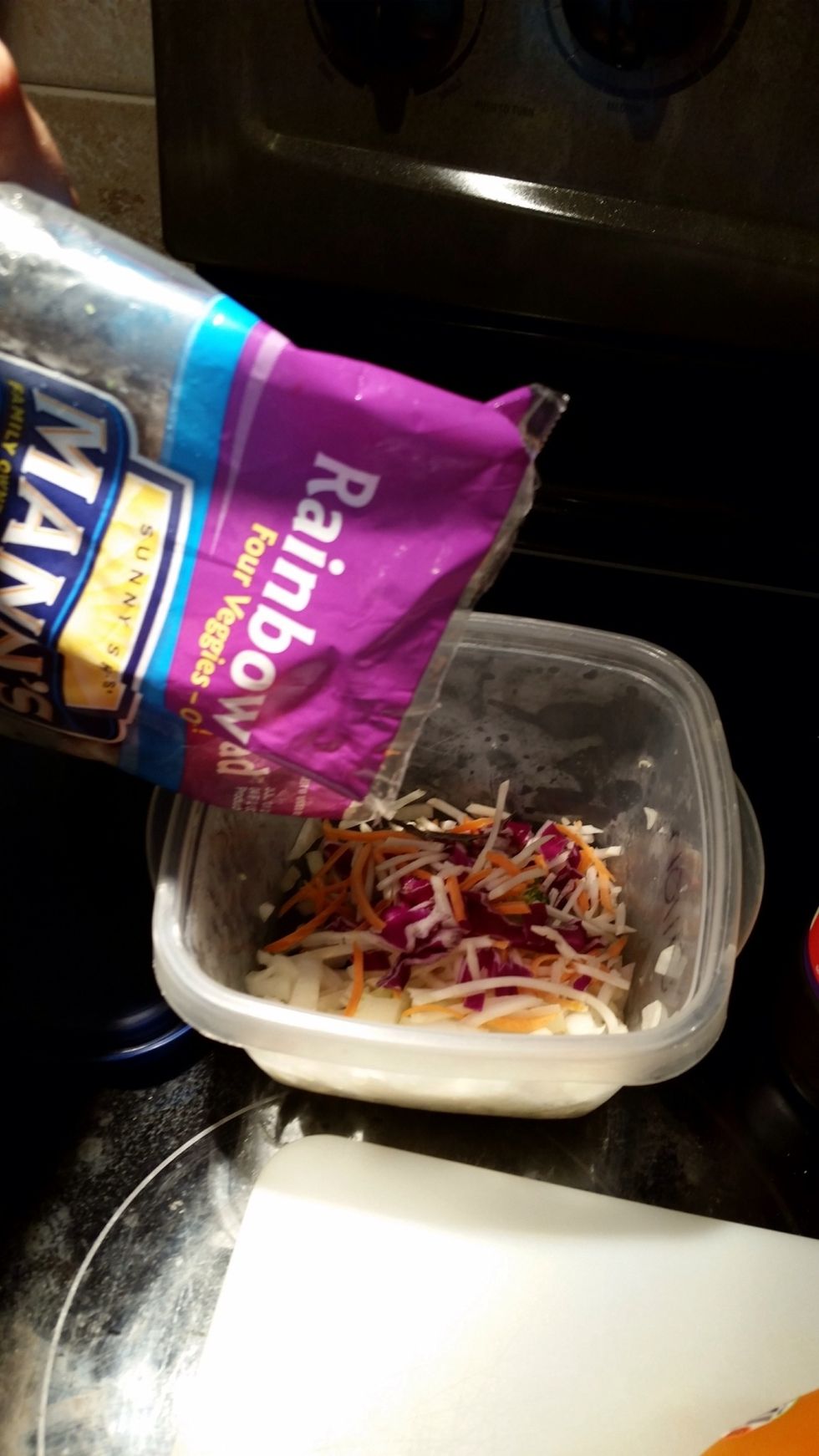 It's quick to just buy already shredded veggie mix. We also use broccoli slaw. You can even slice the veggies yourself, add celery, carrots, cabbage, whatever you like.