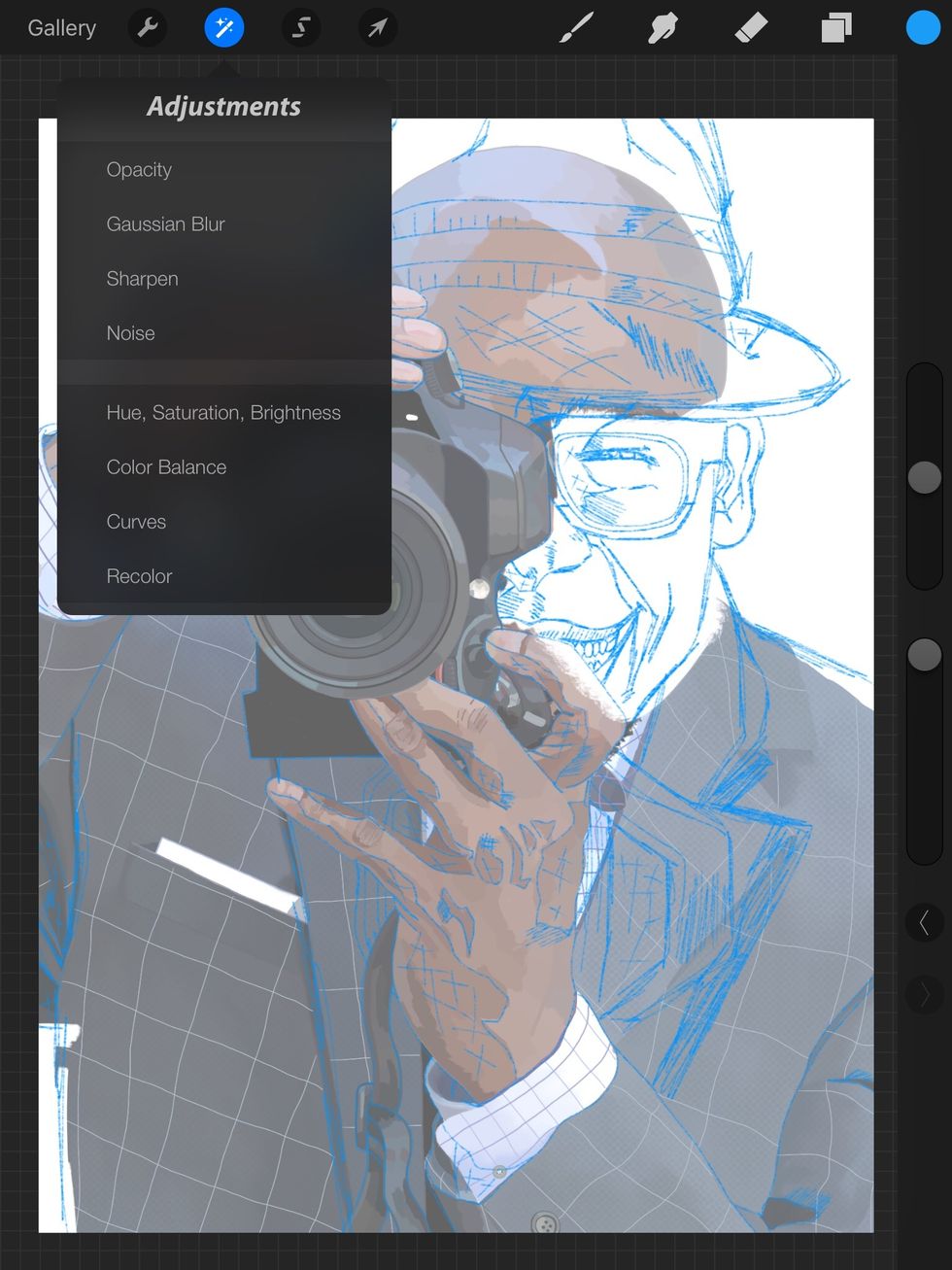 It's under adjustments btw or you can tap two fingers on the screen to bring up this menu. Dragging your finger left or right chances the opacity.