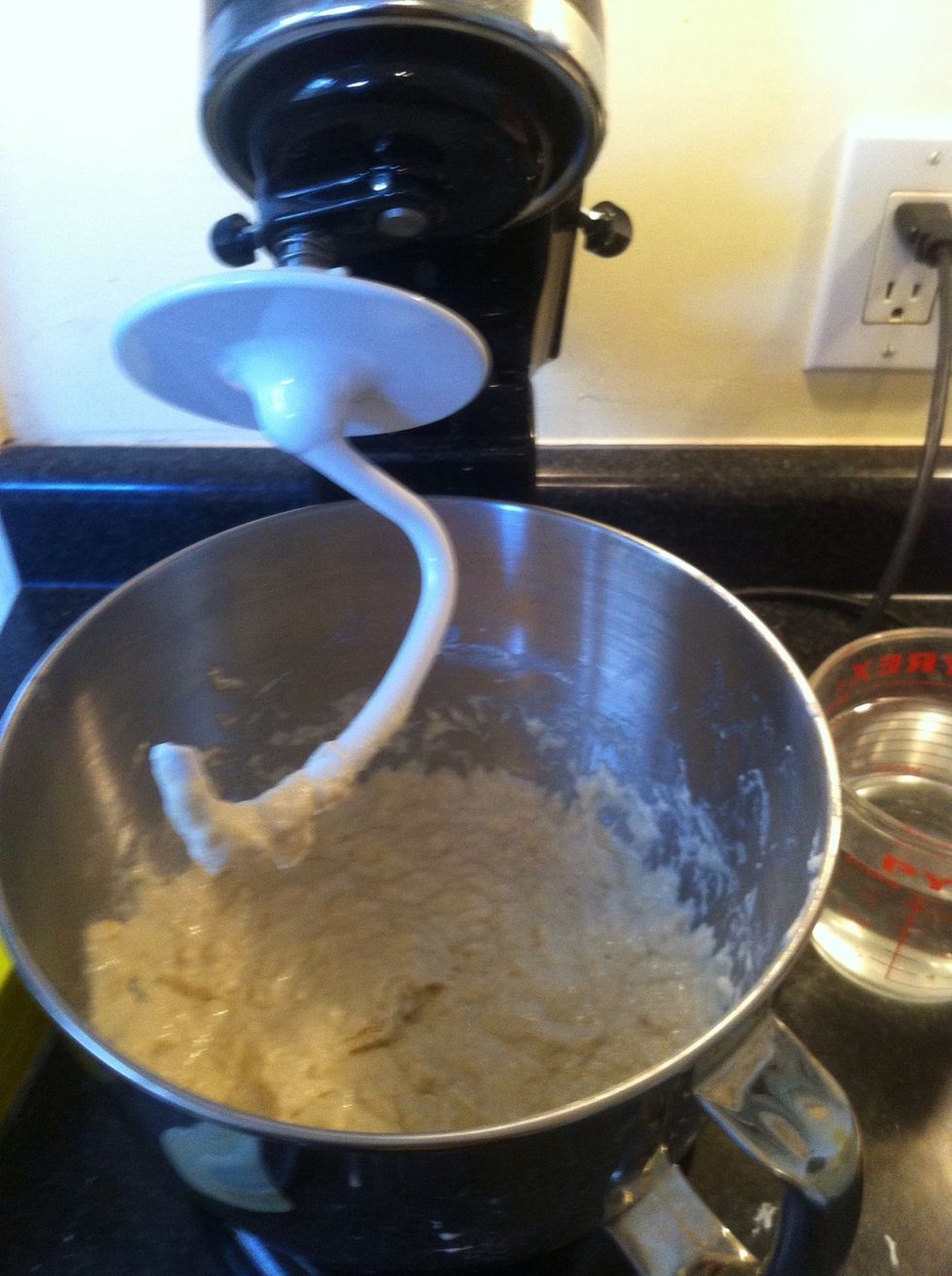 It's usually about this time I switch from the paddle to the dough hook. You can use the dough hook the entire time if you want though. Or if you're using a wooden spoon go ahead and keep using it.