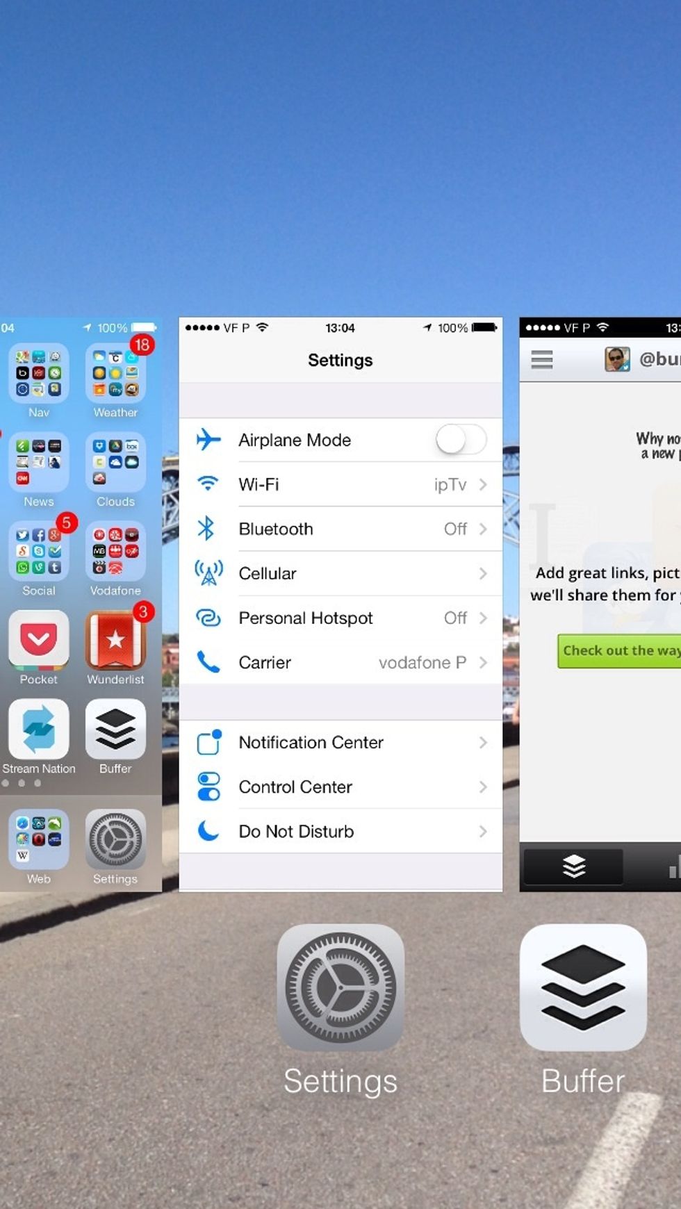 It's very simple. Access task manager by double clicking the home button. You'll see the home screen in the left and all running apps to the right.