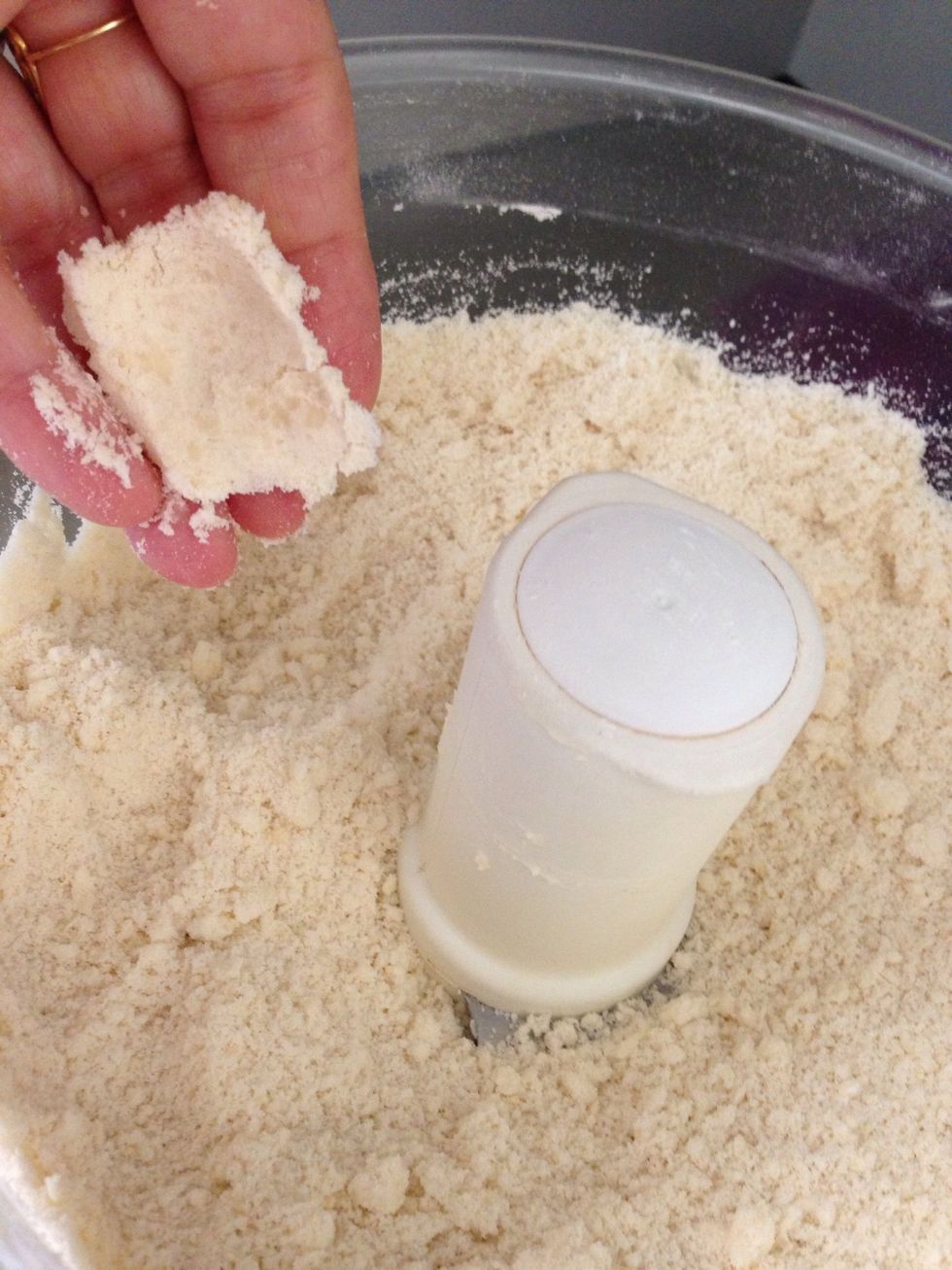 It should be crumbly and when pinched it should almost come together. If not give it another 20 pulses