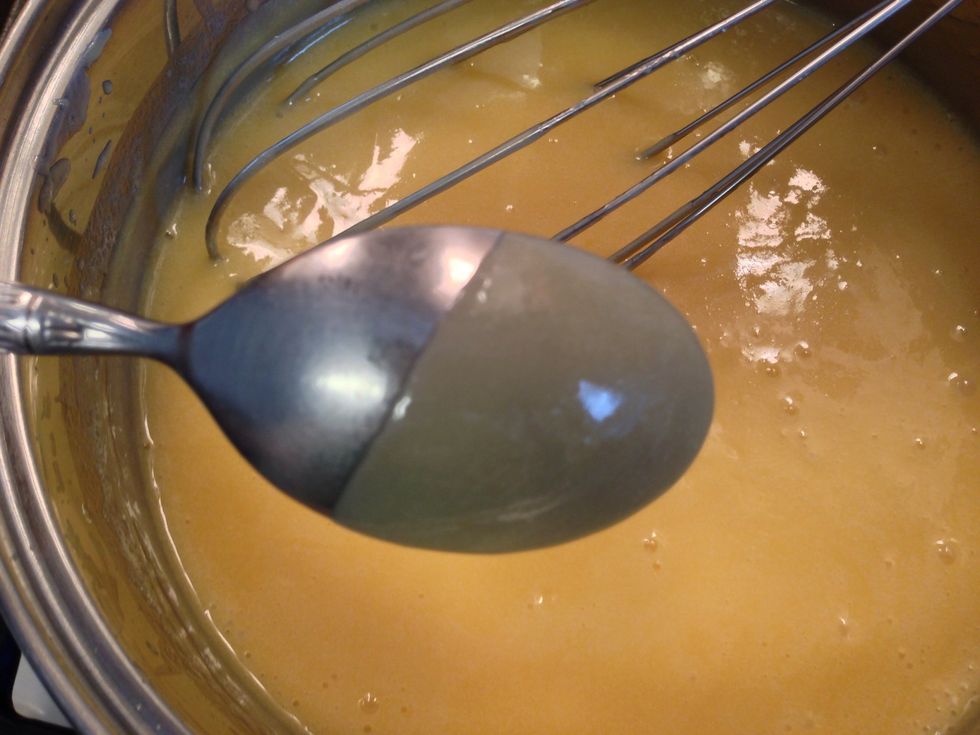 It should be thick enough that it coats the back of a spoon without running off.