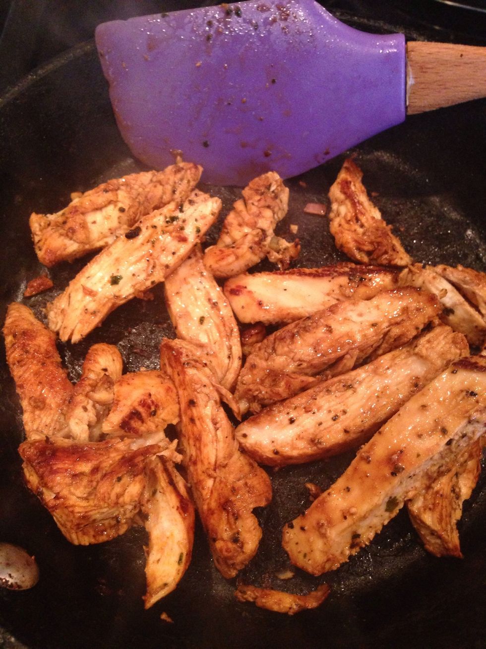 It should look like this no raw or pinkish meat showing. It's approximately about 1 more minute to fully cook the chicken without drying it.