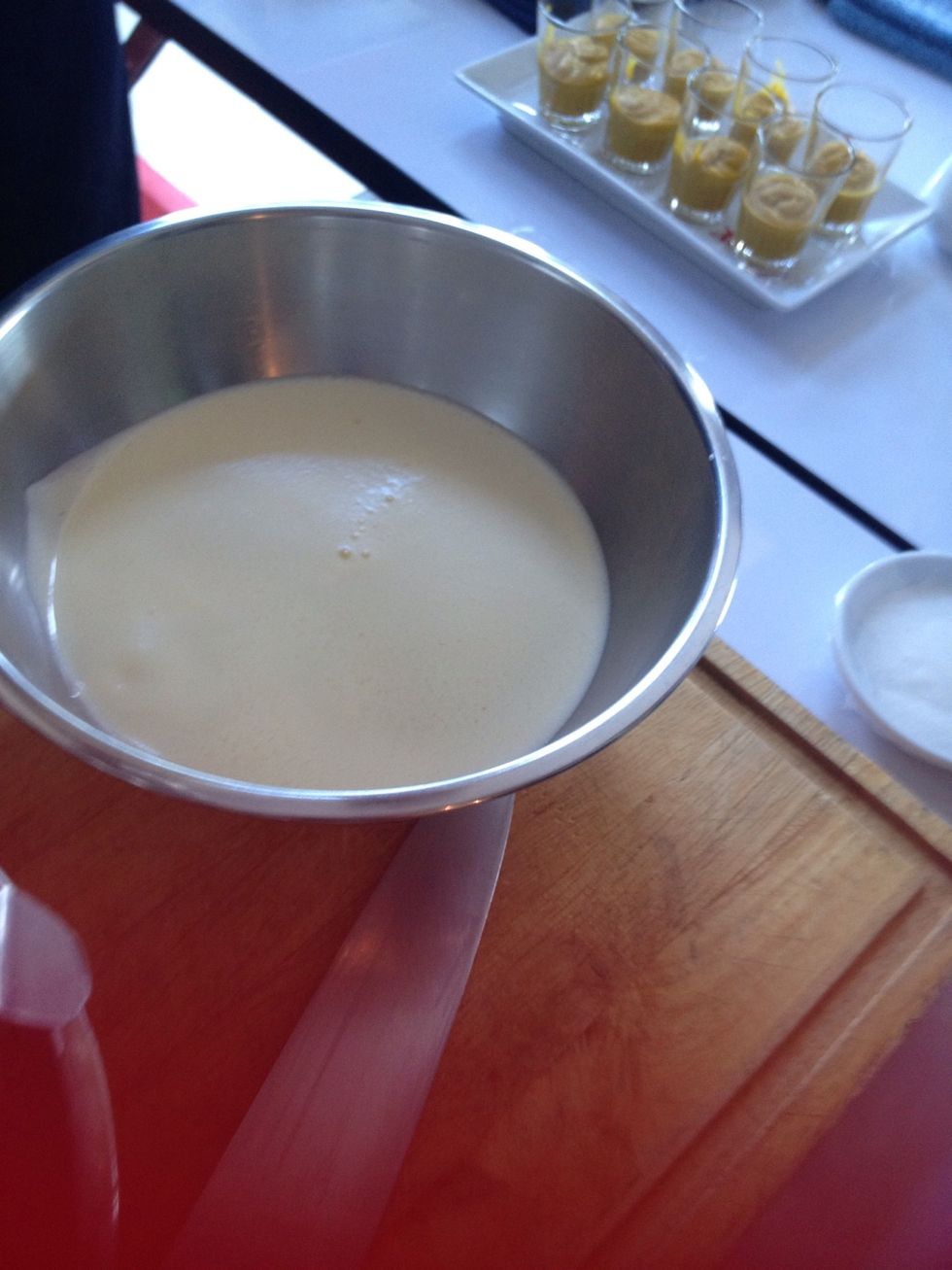 It should look like this. The white things on top is foam. Get rid of them or your custard will separate.