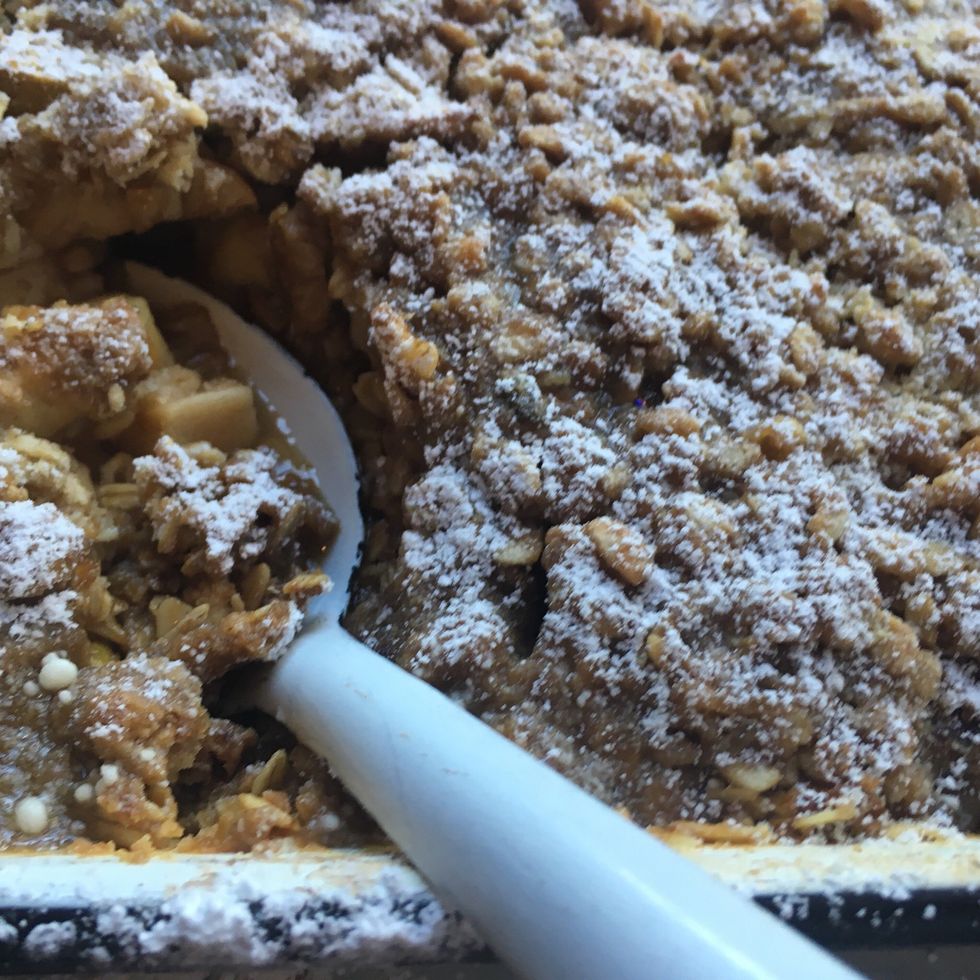 It should take about 45 mins to cook. When done, you can add powered sugar to the top. And if you would like to, you could melt caramel in a pot as a sauce for the crisp.
