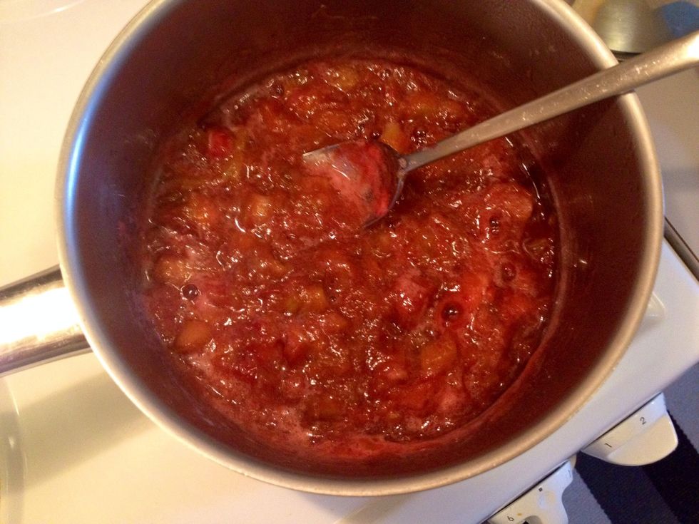 It takes about 10 minutes. When you're happy with the texture, remove from the heat. I poured the compote into a bowl to cool it faster.