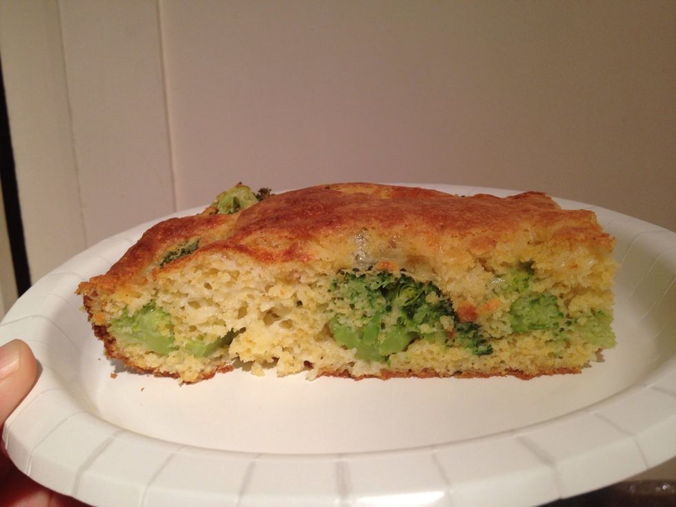 It tastes best when you cut it into pieces and serve it hot out of the oven. I put the leftovers in the fridge and reheat them later.