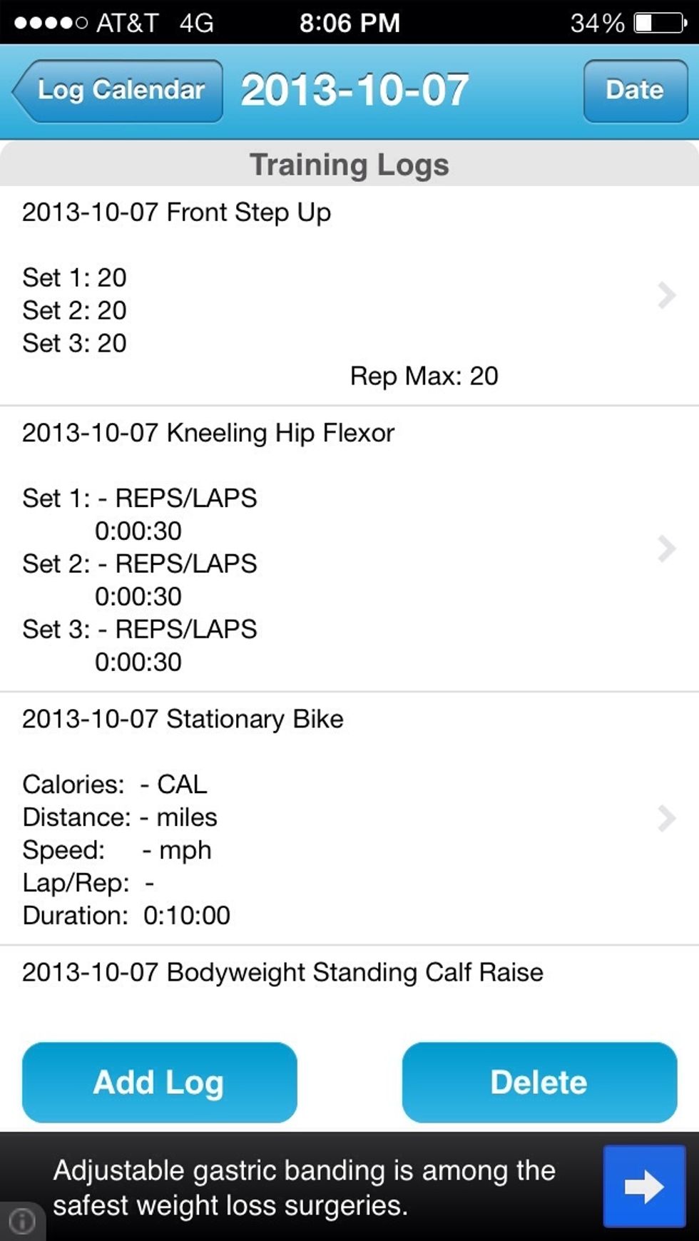 It then states which exercises and how many of each were completed on that day. It also includes weight, duration, and other measurements for specific exercises that require different input.