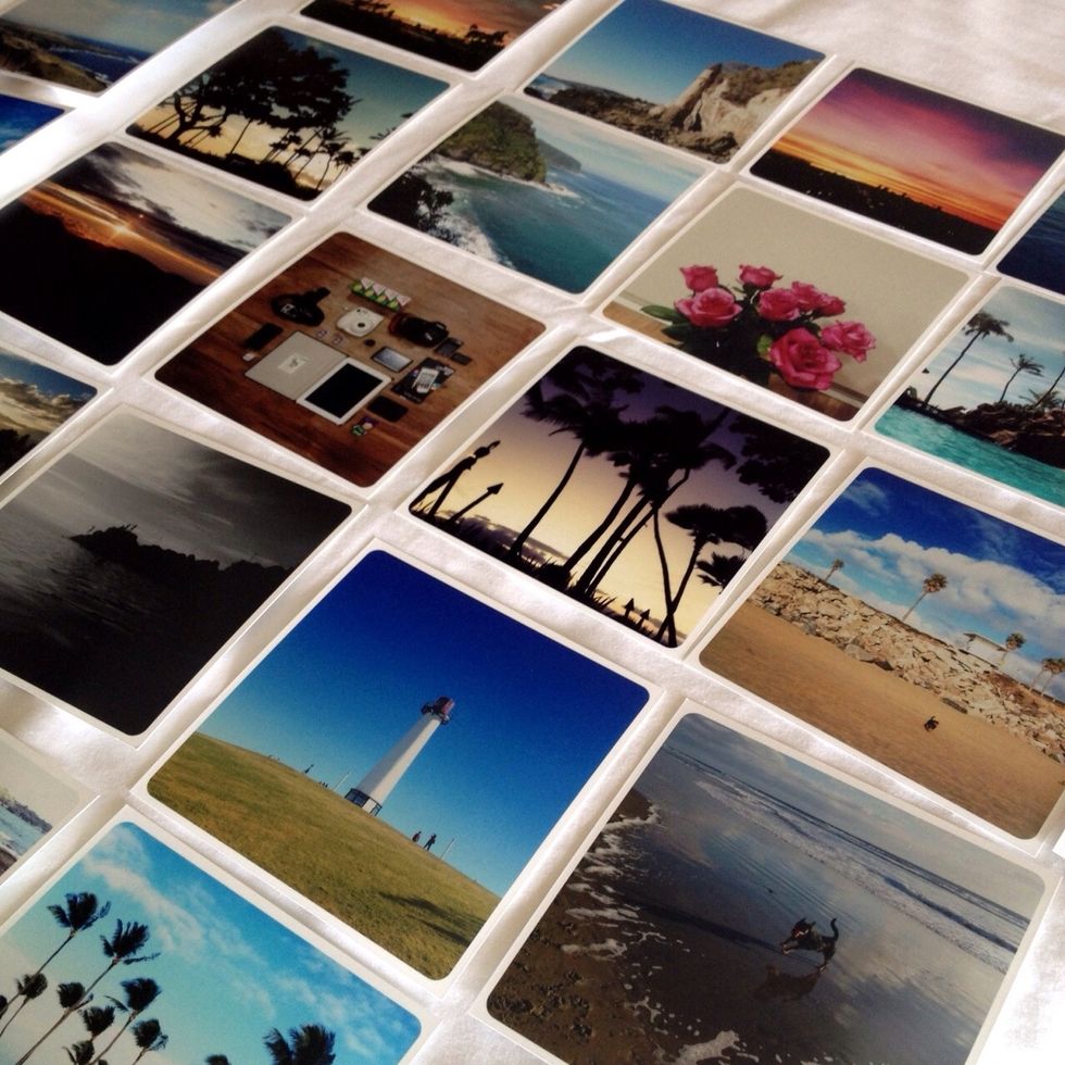 It\u2019s best to lay these photo prints ahead of time in the order that you\u2019d like. Then just add the adhesive you\u2019re going to use to the back of the prints.