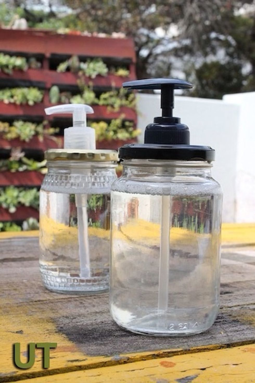 It\u2019s easy to make glass jar soap dispensers. First save the jars you want to use and clean them thoroughly. Getting the labels off might be the most difficult part. We soaked ours in soapy water.