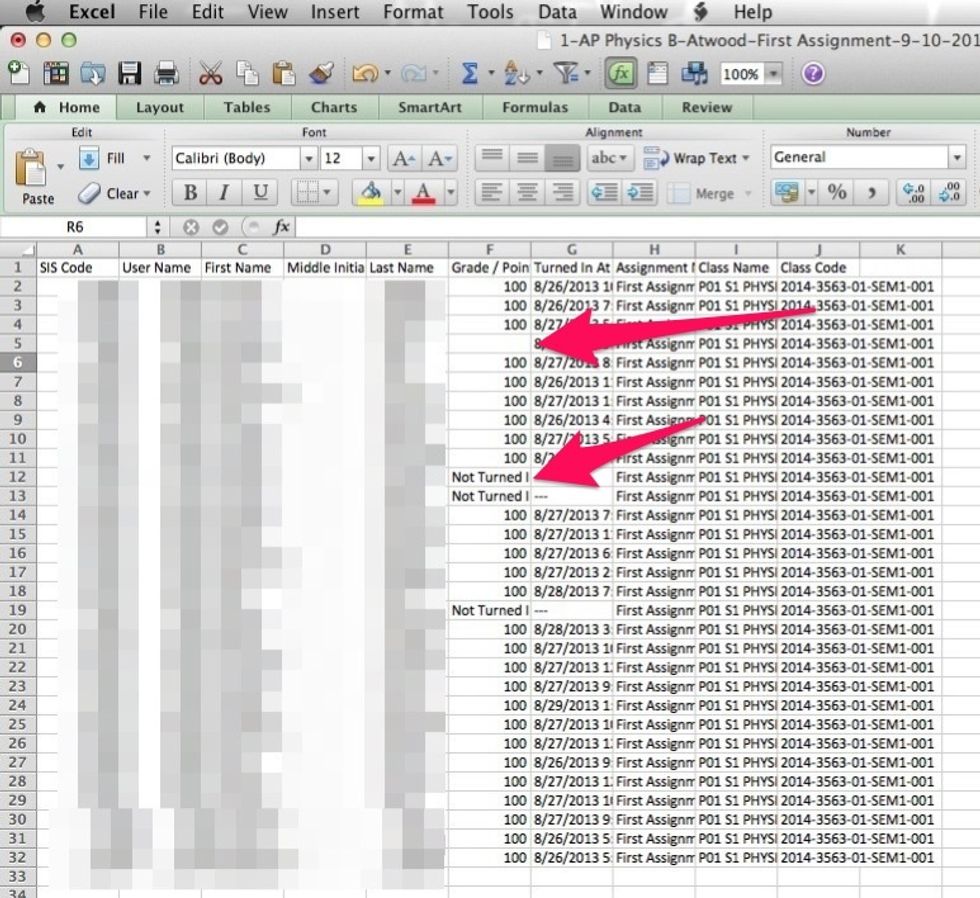 It will export to an excel file. Notice the column with grades. It's ok if some are left blank or say not turned in. They will end up as blank spots in the grade book.