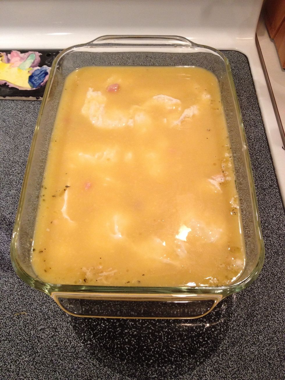 It will look like this. Do NOT stir! The dumplings will rise to the top when baked.