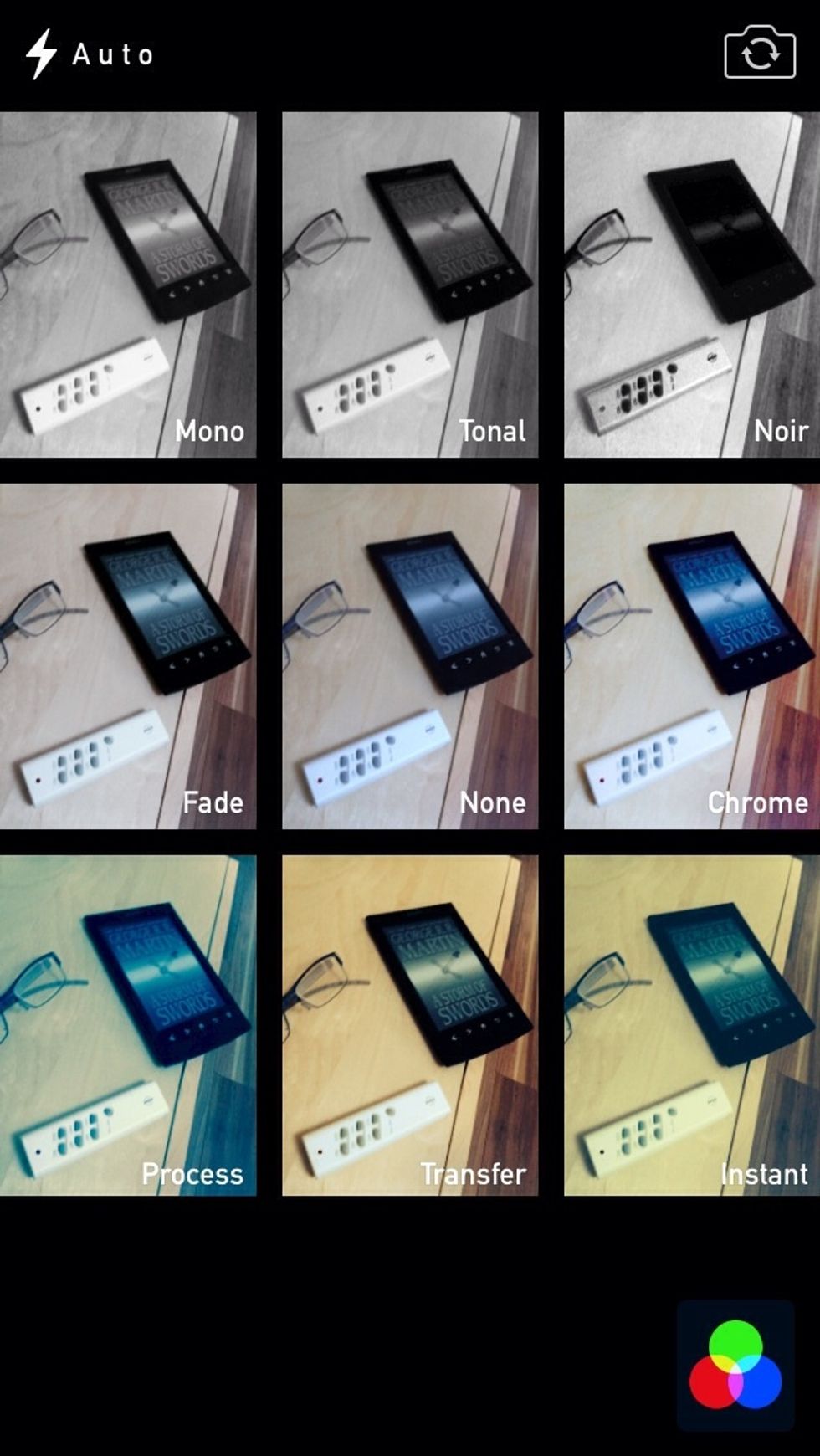 It will open the filter view and show you nine live filtered views of your camera.