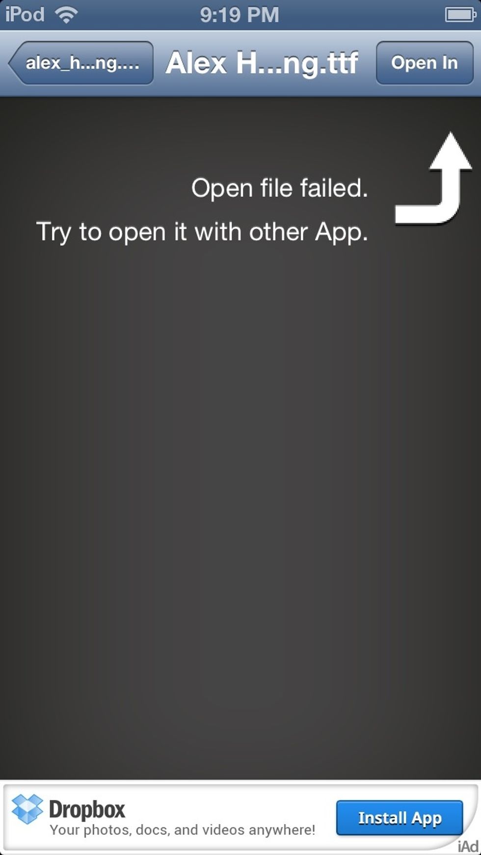 It will switch to WinZip, where this screen will show. Press "Open In" in the top-right corner.