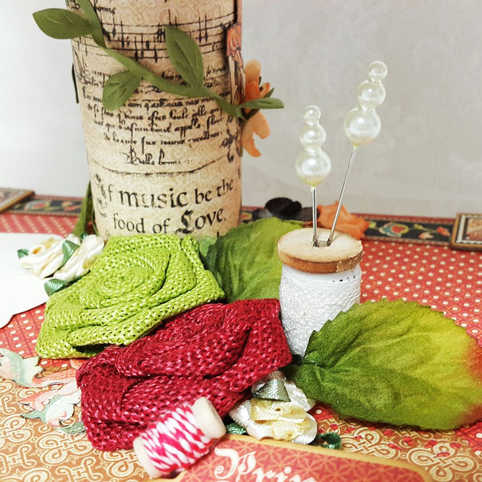 Its your turn to decorate, here I use some Maya Road burlap roses and wooden spool to decorate the drawer top, the colors are just perfect to match with this paper collection.