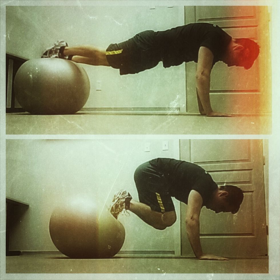 Jacknife. Rest your feet on the top of the ball, and with your hands on the floor push yourself up into a plank position. Draw your feet into your chest, in a smooth controlled motion. 10 reps