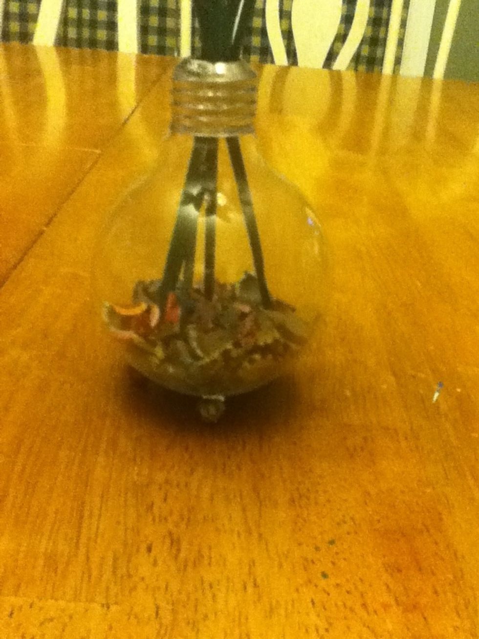 James guide was how to hollow out a lightbulb. See his guide to do the vase. But for the pegs i used left over clay beads. Inside of the vase I cut up clay beads but you can put glass beads inside it.
