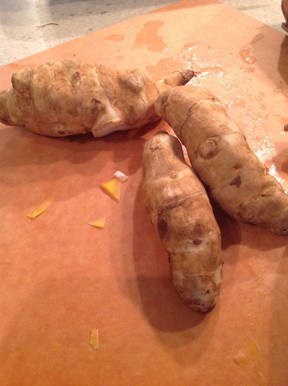 Jerusalem artichokes.  Peel these and cut to bite-sized.