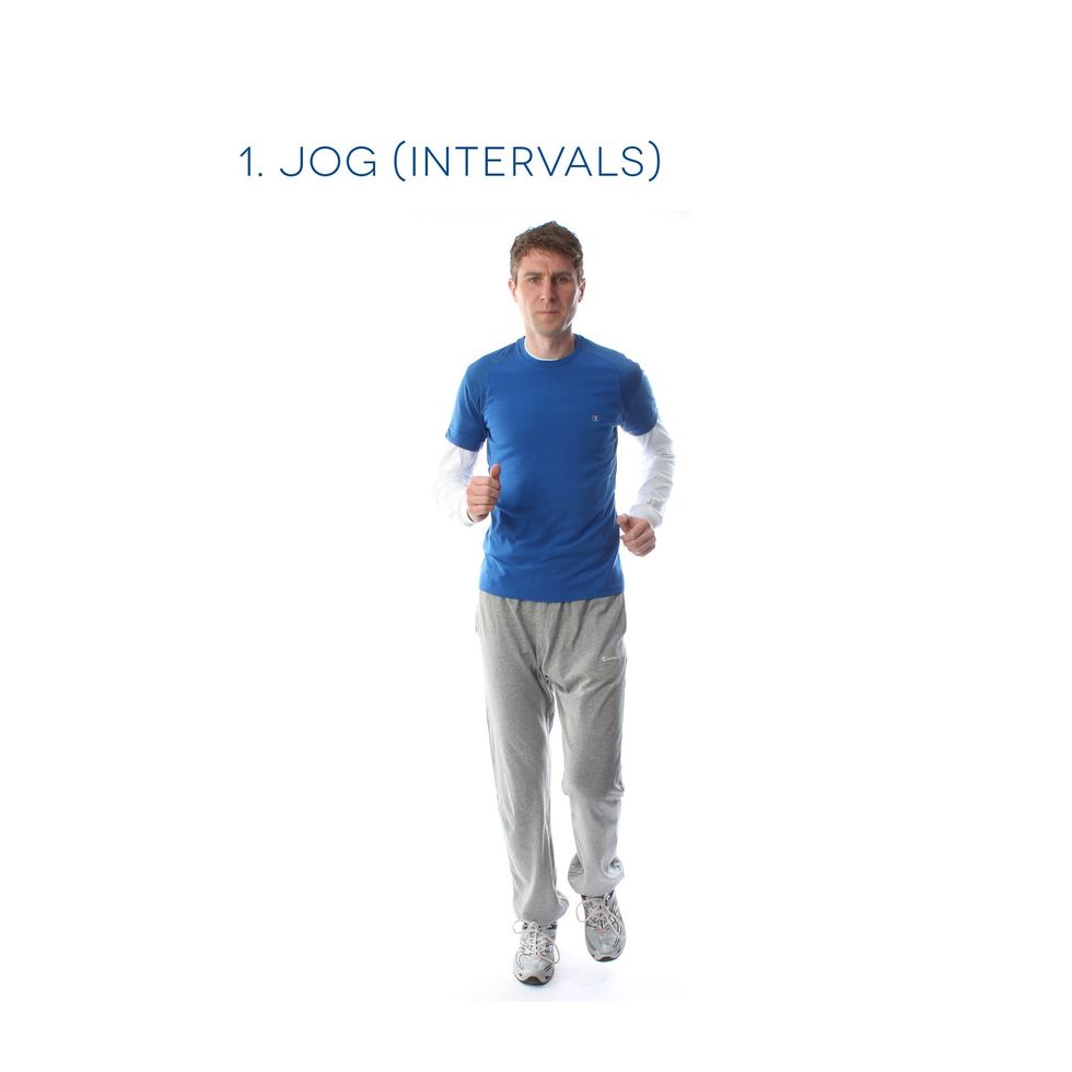 Jog - time to challenge your Cardiovascular systems and get into the higher heart-rate zones. Jog on the spot for 2 mins then run as fast as you can, bouncing on your toes for 1 min. Repeat 5 times