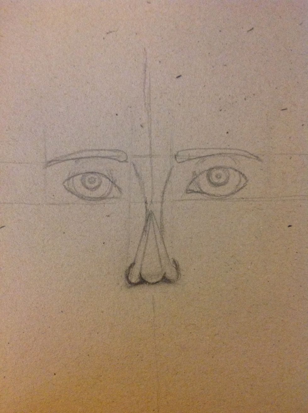 Join with a curved line the width of the tip of the triangle with our eyebrow. That will be the width of the bridge of the nose.