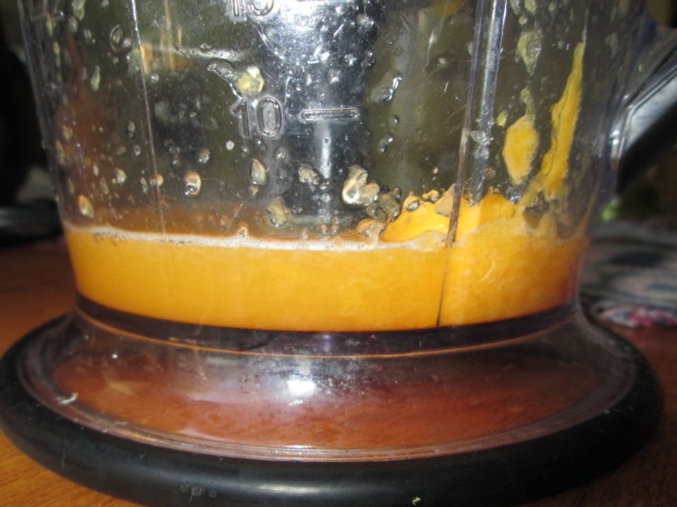 Juice 1 large orange and pour into the blender. I like to add the pulp for extra nutrients. You could also use any liquid like water, milk or any other juices.