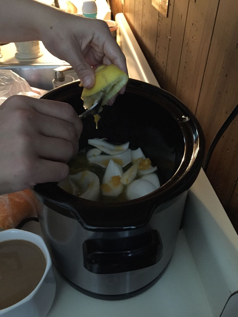 Juice lemon and onion into the crock pot