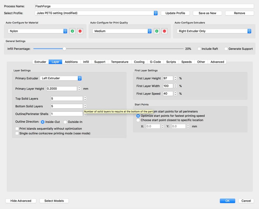 Jules recommends using .25 for layer height but I have found 2.0 works just fine.