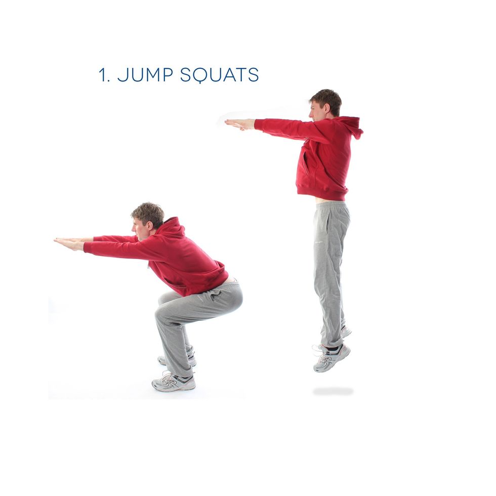 Jump Squats - Move down as per a squat and come up explosively, jumping into the air. Do this 15 times