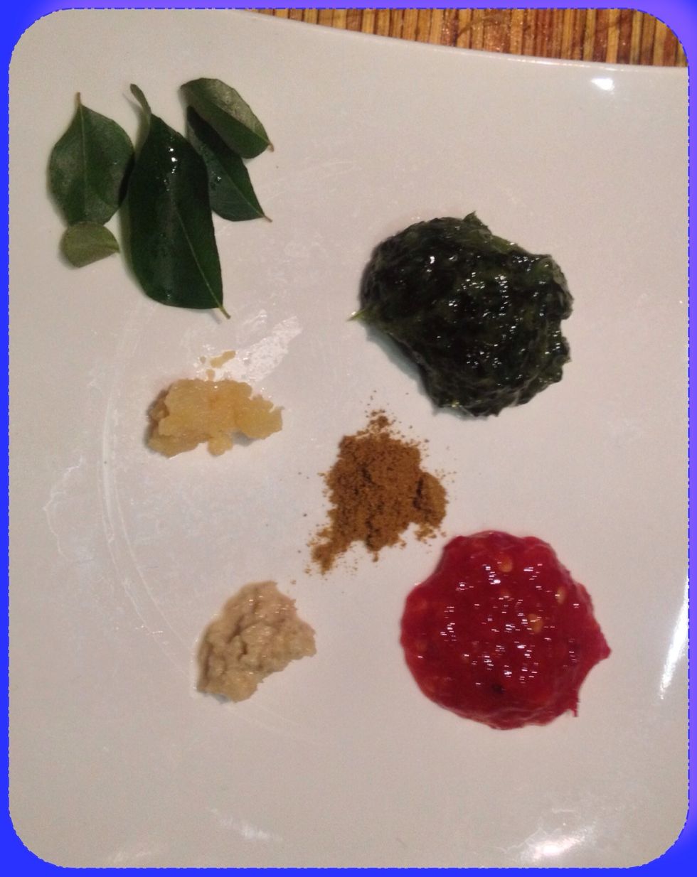 Just before serving take a little bit of everything that went in and makes it into the curry. Curry Powder Coriander and chili paste Crushed garlic and ginger and mix in to the curry