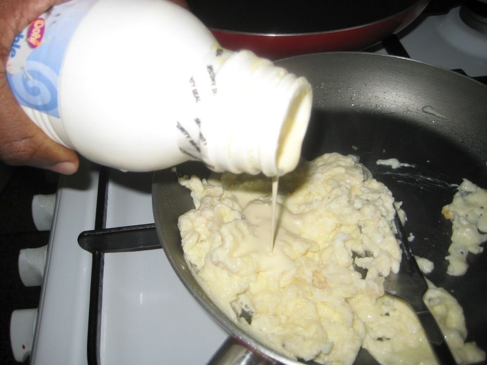 Just before the egg dries out, add a little cream and stir it through the eggs and depending on how wet/dry you want it, serve hot with your favorite accompaniment.